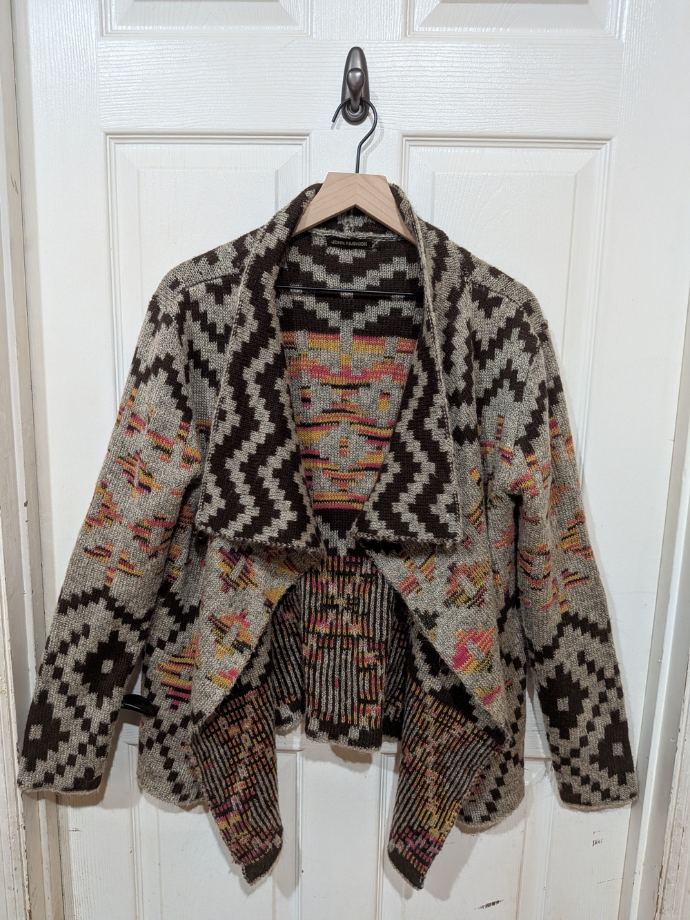 Draped Open Front Geometric Artsy Eclectic Cardigan - Picture 10 of 11